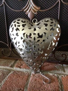 Pretty Large Silver Metal Heart Hanging Tea Light Candle Holder Handmade Mexico - Picture 1 of 11