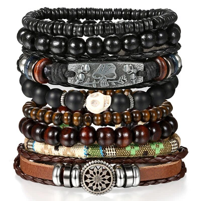 8 peças/conjunto pulseira de couro preto caveira tribal com miçangas para homens e mulheres - Imagem 1 de 4