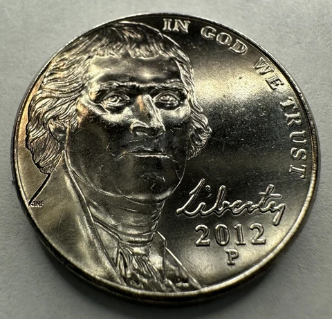 2012-P Jefferson Nickel 5cent Coin from US Mint Set. Uncirculated BU Cover