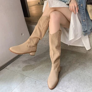 Womens Fashion Suede Leather Mid Heel Pull On Knee High Slouchy Boots Shoes EMKQ - Picture 1 of 14