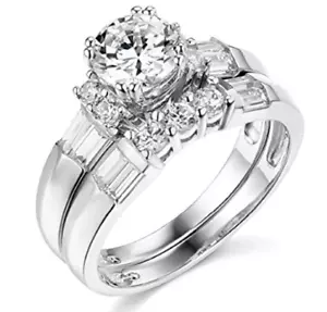 2.75 Ct Simulated Real 14K White Gold Engagement Wedding Ring Set Matching Band - Picture 1 of 7