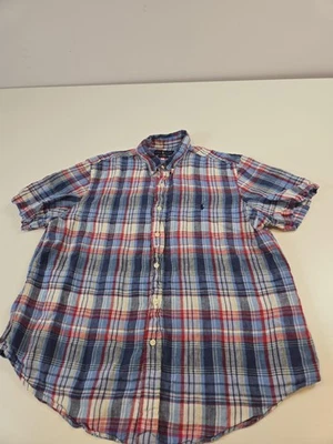 Ralph Lauren Linen Shirt Mens XL Plaid Custom Fit Short Sleeve Blue Madras - Image 1 of 4