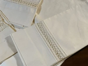 Antik Ecru Baumwolle Leinen 2 volle flache Bettwäsche & 2 Kissenbezüge Spitzeneinsatz - Bild 1 von 7