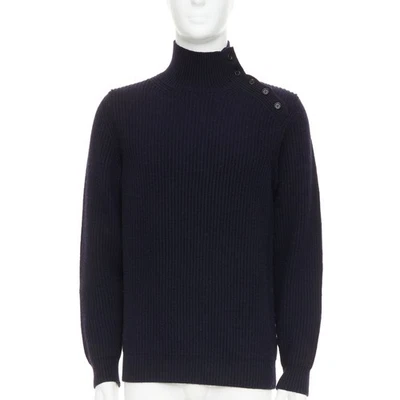 BRIONI 100% cashmere navy leather trim side button sweater IT48 M - image 1 of 4