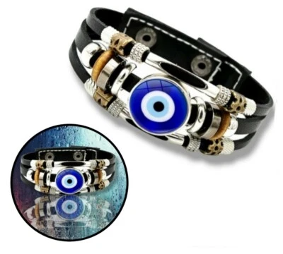 Schwarzes Armband mit Nazar Boncuk Blaue Runde Auge Hand Arm Schmuck Armreif  - Bild 1 von 4