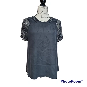 Rebecca Taylor 100% Silk Black Top with Embellished Sleeves - Size 4 - Picture 1 of 8