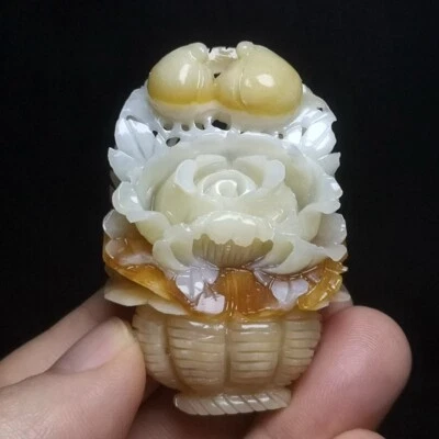 2.4 Inch China Natural Multicolor Nephrite Jade carved Flower Peach Pendant Gift - Image 1 of 4