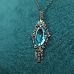 Vintage Sterling Silver Marcasite Blue Glass Pendant Chain necklace 925 Art deco - Picture 1 of 5