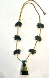 Vtg Native American Gold & Oynx Bear Symbol Triangle Pendant Necklace - Picture 1 of 3