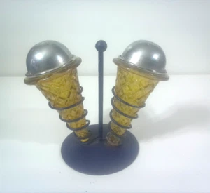 Amber Glass Ice Cream Cones Salt & Pepper Shakers w/ Blue Metal Stand Vintage - Picture 1 of 7