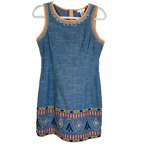 Women’s Linen Blend Chambray Sleeveless Sheath Dress Colorful Embroidery Size SM - Picture 1 of 9