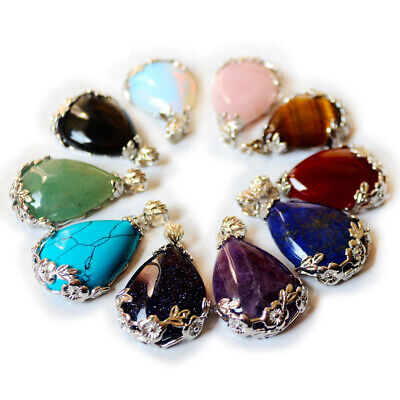 Natural Stone Bead Crystal Quartz Drop Pendant Hollow Flower Healing Amulet • 2.35€