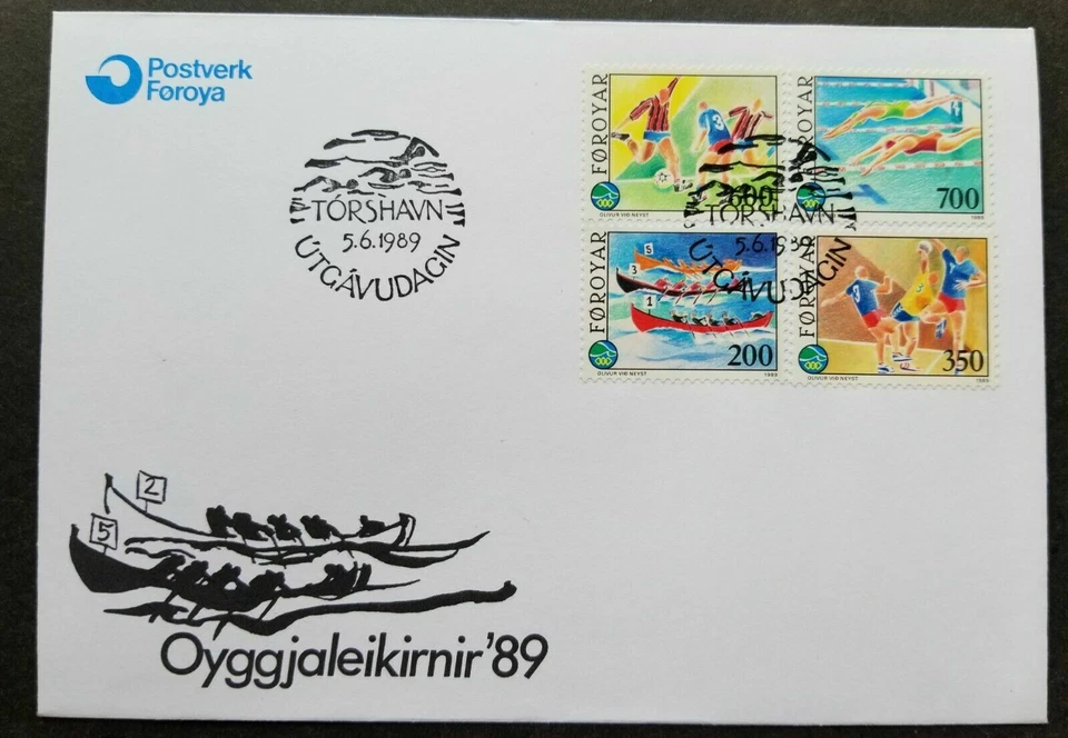 [SJ] Faroe Islands Sport Games 1989 Football Soccer Handball Rowing Swimming FDC - Image 1 of 4