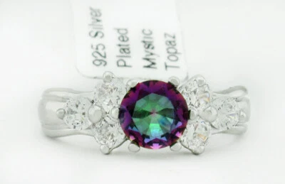 LAB MYSTIC TOPAZ 0.85 Cts & WHITE SAPPHIRES RING SILVER PLATED NWT Size 6 - Image 1 of 4