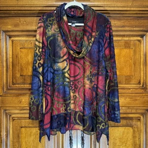 Ali Miles Tunic Womens XL Burnout Velvet Removeable Cowl Neck Boho Artsy Shirt - Picture 1 of 15