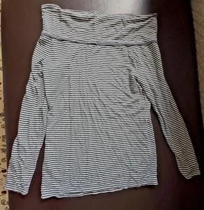 Three Dots Off The Shoulder Knit Black/White Striped Modal/Rayon LS Pullover L - Picture 1 of 4