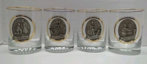 Set Of 4 Vtg Fort Pewter Medallion Whiskey Double Old Fashioned Golf Glasses - Picture 1 of 15
