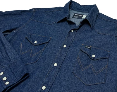 VTG Wrangler Denim Shirt Mens XXL (Chest 52") X-Long Tails Western Pearl Snap - Image 1 of 4