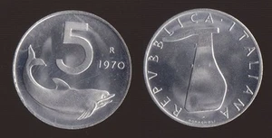 ITALIA 1970 Delfino, moneta £ 5 FDC Unc - Foto 1 di 1