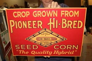 Scarce Pioneer Hi~Bred Seed Corn Farm 20" Tin Tacker Embossed Metal Sign NICE - Picture 1 of 3