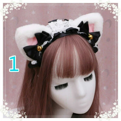Lady Girls Lolita Hairband Furry Cat Ear Bowtie Headband Headdress Cosplay Sweet - Image 1 of 4