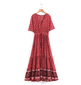 New Women Deep V neck Kimono Sleeve Floral Summer Hippie Print Maxi BOHO DRESS - Picture 1 of 9