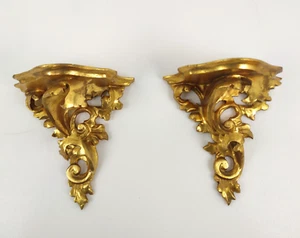 PAIR OF GILDED WOODEN CONSOLES BAROQUE STYLE 1900S WALL SHELVES SHELF - Picture 1 of 10