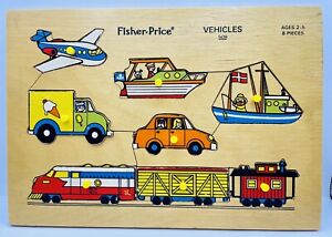 Vintage 70s Fisher Price Wood Childrens Puzzle 8 Piece VEHICLES #508 Wooden Peg