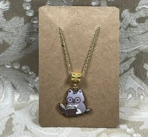 Gray Cat Reading Enamel Pendant Gold Necklace 18” Bohemian Novelty Necklace - Picture 1 of 2