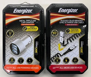 2/$19.99 Energizer Braided Sync & Charge Cable/Metal Triple USB Car Charger - Zdjęcie 1 z 2