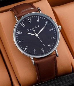 Men's Watch Brown Leather Strap Band Analog Quartz Round Dial Water Resist 30m - Picture 1 of 3