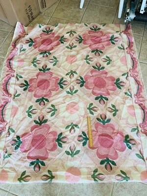 Large Motif PINK GREEN ECRU CHEATER QUILT TYPE FLOWERS Cotton Fabric 2YD + 28" - Image 1 of 2