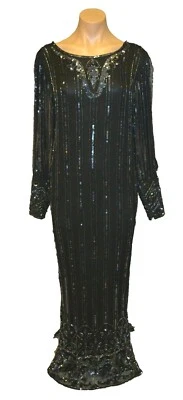 Безымянный винтажный 80-х черный бисером блестки шелк длинный вечеринки выпускное платье sz S - Изображение 1 из 3