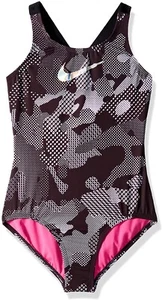 Nike Kids Girl's 187596 Optic Camo Cross-Back One-Piece Swimsuit Black Size L - Picture 1 of 2
