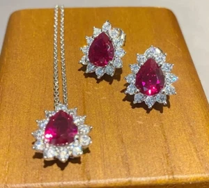 Pear Cut Lab-Created Red Ruby Fancy Necklace Earrings Set 14k White Gold Plated - Picture 1 of 10