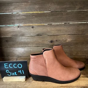 New Womens ECCO Brown Leather Skyler Wedge Ankle Boots Booties EU 41 US 10-10.5 - Picture 1 of 6