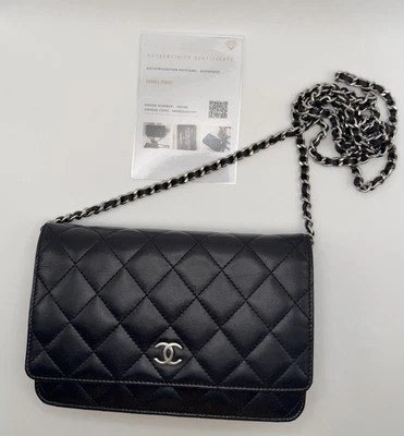 CHANEL Wallet On Chain WOC Lambskin Black Leather Silver Hardware Crossbody Bag - Image 1 of 4