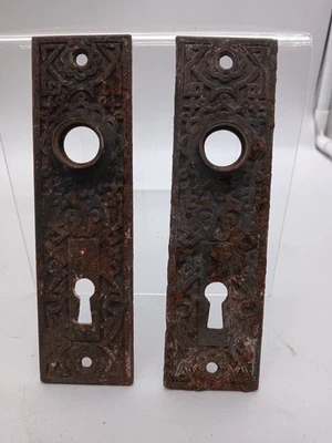 Par de placas traseras antiguas victorianas Eastlake de colección placas de puerta recuperadas A4 P3 Foto 1 de 4