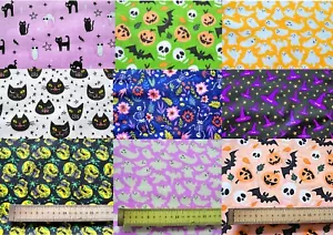 Halloween Polycotton Fabric Ghosts Skulls Spooky Witches Cats Spiders - Picture 1 of 22