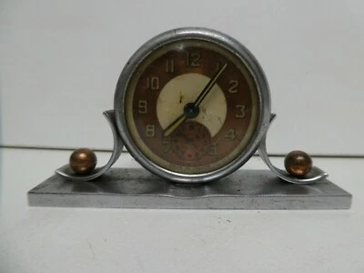ANTIQUE ART DECO CHROME COPPER FRENCH BEDSIDE ALARM CLOCK MADE FRANCE - Image 1 of 4