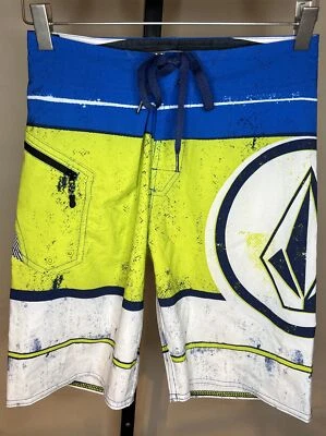 VOLCOM BOYS LIDO ION BOARD SHORTS 4 WAY STRETCH POCKET GREEN BLUE PRINT 26 NEW - Image 1 of 4