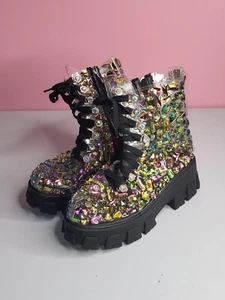 AZALEA WANG Black Noel Combat Boots Rhinestones Rainbow Eras Concert  - Picture 1 of 21