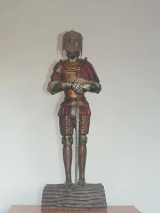 large old vintage antique wooden polychrome painted wood statue medieval knight - Picture 1 of 12
