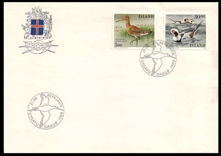 ICELAND 1988 BIRDS DUCK AND GODWIT  SET  FDC +INFO SHEET UNADDR - Image 1 of 1