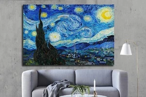 Leinwand Wandbild Kunstdruck Sternennacht Van Gogh Gemälde Repro blau Bild gerahmt - Bild 1 von 10