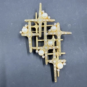 ๐ซ Vintage Mid Century Modern Starburst Brooch w/ Pearls & Rhinestones 3" - Picture 1 of 7