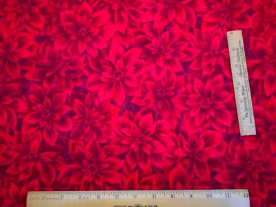 Christmas Fabric Short Yard Packed Red Poinsettias Metallic Gold Cotton 27 Vtg C - Image 1 of 2