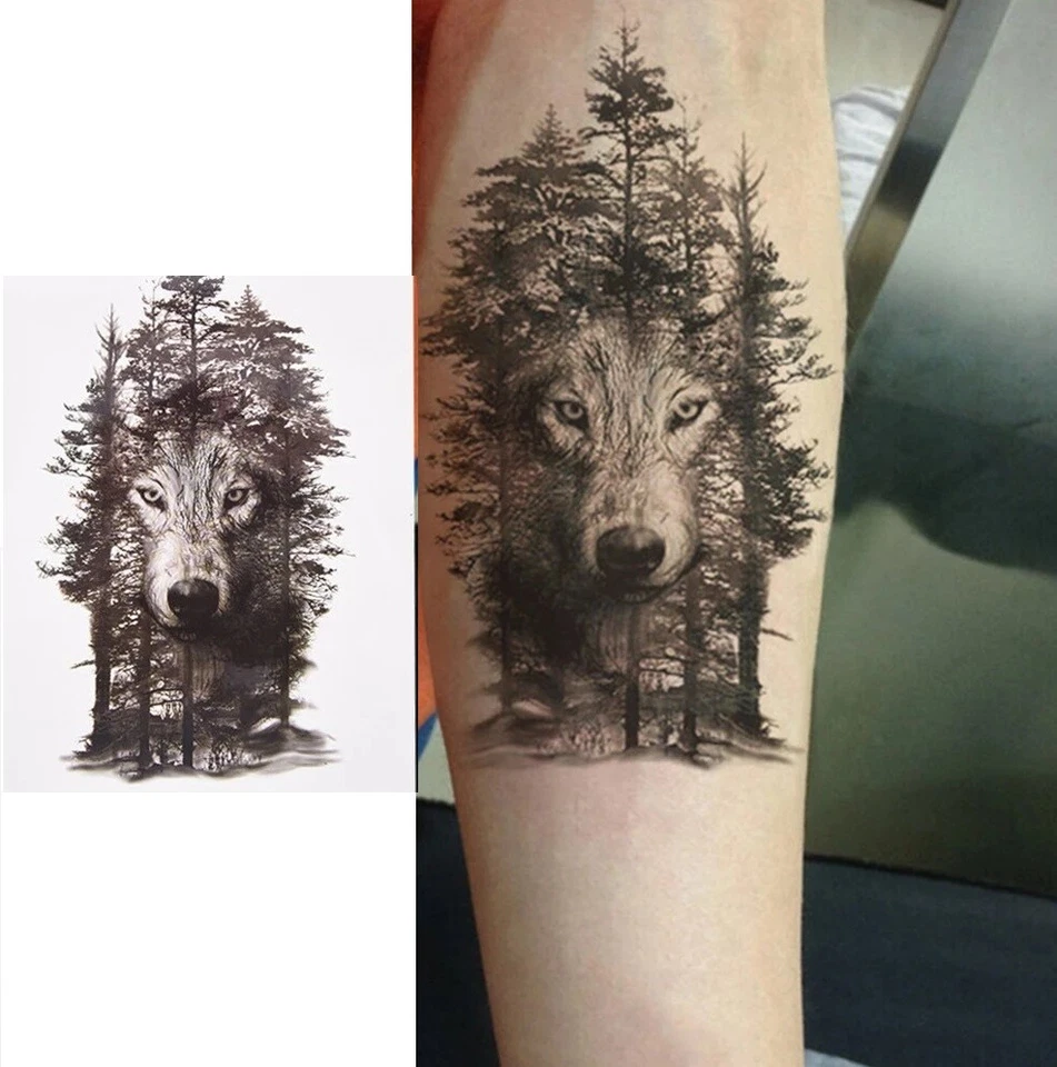 DIRECTOPIA Large Waterproof Traditional Wolf Dog Tree Forest Temporary Tattoo 20x15cm