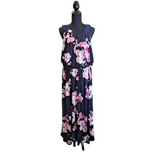 Robbie Bee Jersey Knit Halterneck Maxi Dress Womens Plus Sz 1X Navy/Pink Floral - Picture 1 of 7