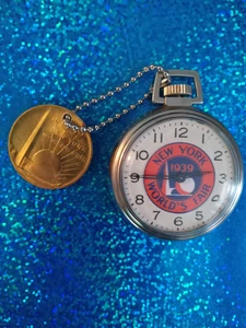 Westclox pocket watch with "1939 Worlds Fair"theme W/FOB..working - Picture 1 of 2